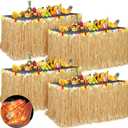Aneco 4 Pieces 9 Ft x 30 Inches Luau Grass Table Skirts with LED String Light Hawaiian Table Skirt Lighted Grass Skirt Table Fringe for Tropical, Hawaiian Themed, Birthday Party (Natural)