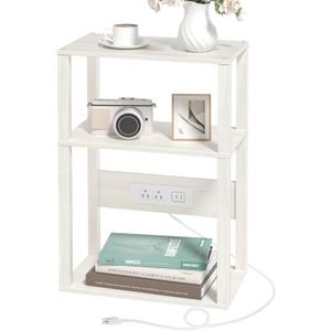 3-Tier Small Narrow Wood Side Table with Charging Station, Skinny Nightstand for Small Space, Slim Bedside Table with Storage for Couch, Thin End Table with USB Ports and Outlets, Grey White (1 Pack)