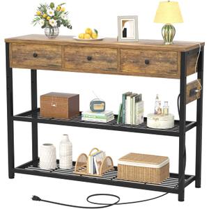 Ecoprsio 47'' Entryway Table with Outlets and USB Ports, Console Table with 3 Drawers, Sofa Table Narrow Long with Storage Shelves for Living Room, Couch, Hallway, Foyer, Kitchen Counter, Rustic Brown