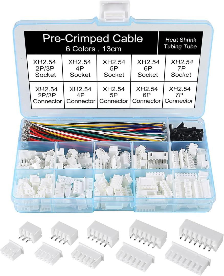 XH 2.54mm Connector Socket Kit and Pre-Crimped Cable Wire 2Pin 3 Pin 4 Pin 5 Pin 6 Pin 7Pin Housing JST Adapter Male and Female Cable Connectors and Heat Shrinkable Tube