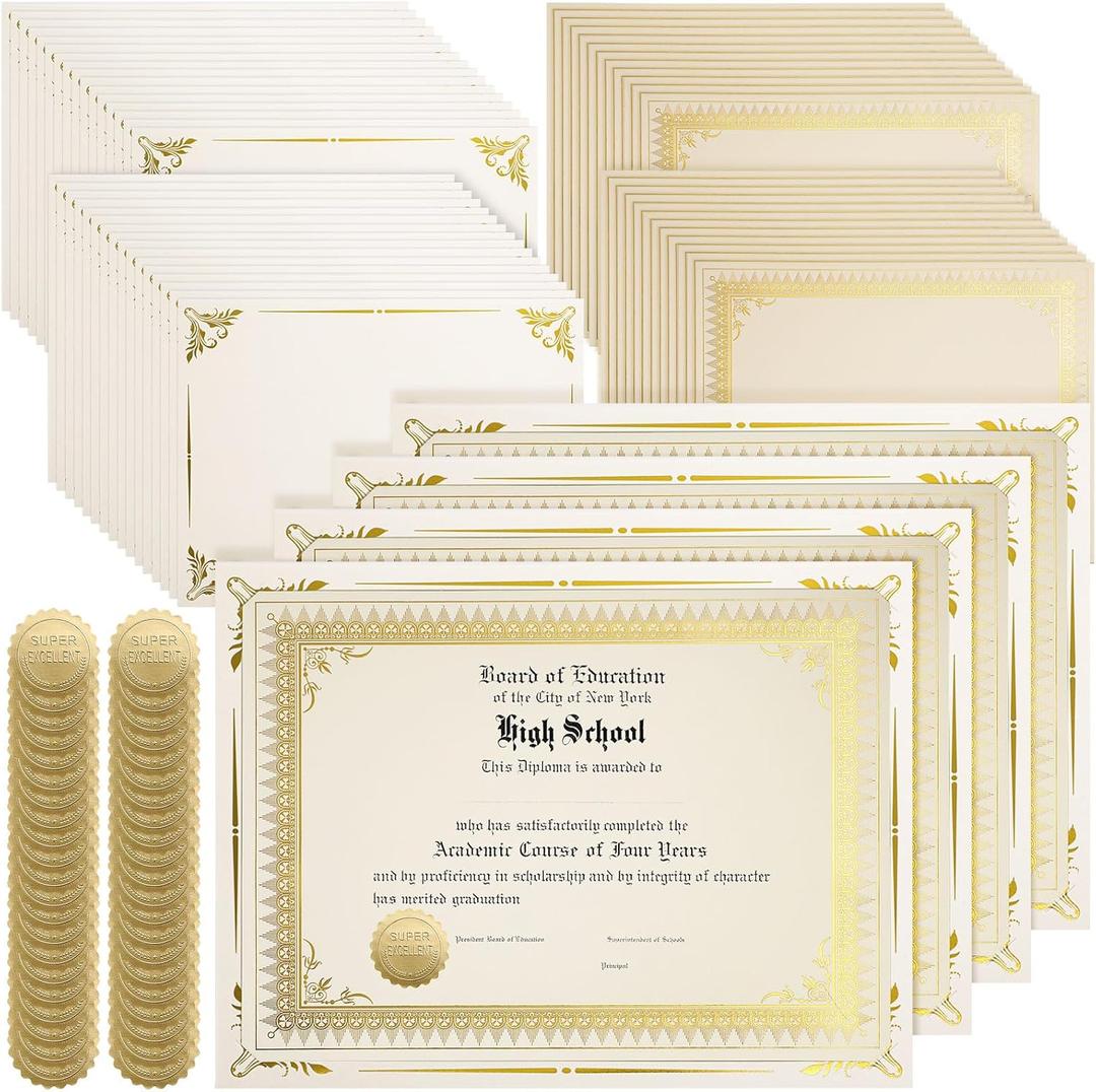 Fainne 100 Sets Certificate Paper Kit Single Sided Awards Holder with Foil Border for 8.5 X11 Certificate Covers Foil Award Seals Stickers Diploma Covers(Beige with Gold Foil)