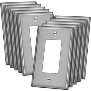 BESTTEN 10 Pack Midsize Decor Receptacle Metal Wall Plate with Protective Film, Decorator Stainless Steel Midway Outlet Cover, Corrosion Resistant, Brushed Finish, Silver