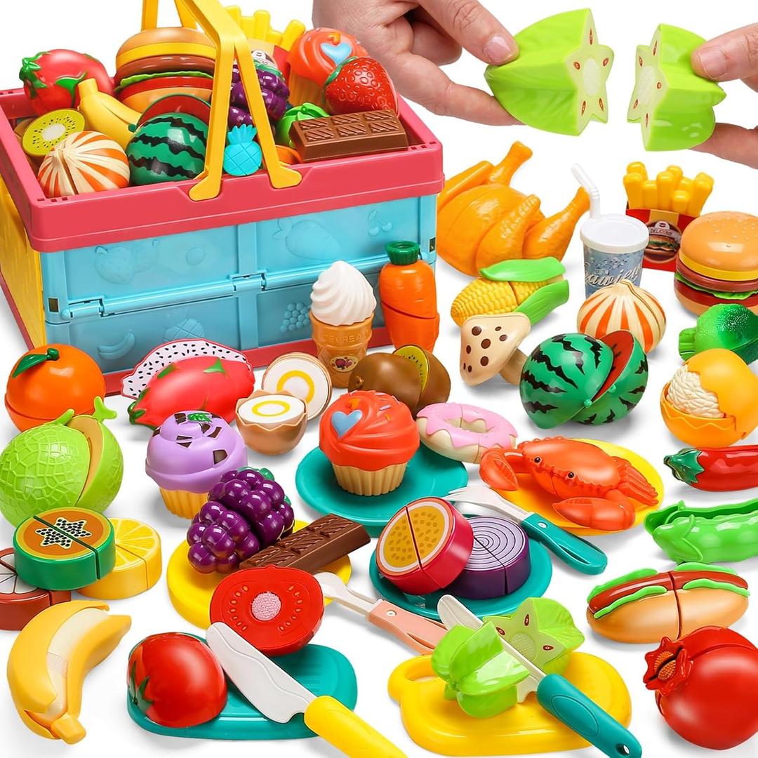 100 PCS Cutting Play Food Set For Kid Kitchen, Storage Basket with Vegetable & Fruit Toy For Toddler Boy Girl, Fake Food Accessories Toys for Birthday Christmas Gift, Pretend Cooking Playset for Child