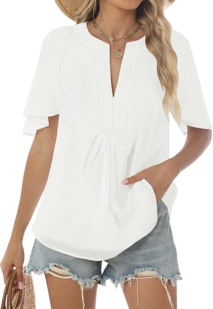 Relipop Womens Blouse Oversized Flutter Sleeve Top V Neck Shirts 2025 Summer Business Work Blouses Outfits (White, M)