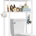 Simple Trending Over The Toilet Storage Rack, Metal 3 Tier Bathroom Organizer Shelf with Paper Holder and 3 Hooks, Freestanding Shelf Space Saver Above Toilet, White