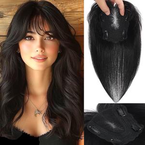 HVVZOY Hair Toppers for Women Real Human Hair, 360° 3D Real Human Hair Toppers for Women with Thinning Hair Clip in Bangs Big Coverage 12 Inch Hairpieces (1B, 3D Wispy Bangs 10x11)