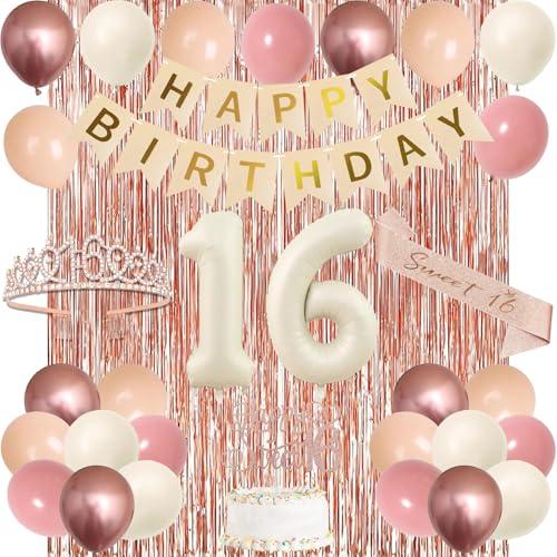 Trgowaul Retro Blush Pink Sweet 16th Birthday Decorations for Girls, Banner, 16th Sash and Crown, Cake Topper, Cream 16 Number Balloon, Fringe Curtains, Rose Gold Pink Boho Birthday Party Supplies