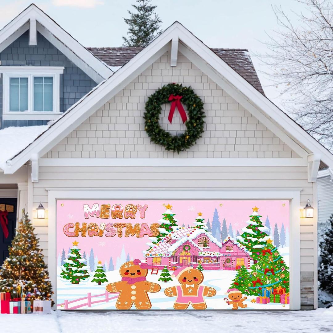 Christmas Garage Door Banner 13x6ft Pink Gingerbread House Merry Christmas Theme Backdrop Banners for Outside Inside Winter Door Cover Garage Wall Covering for Party Garage Decorations