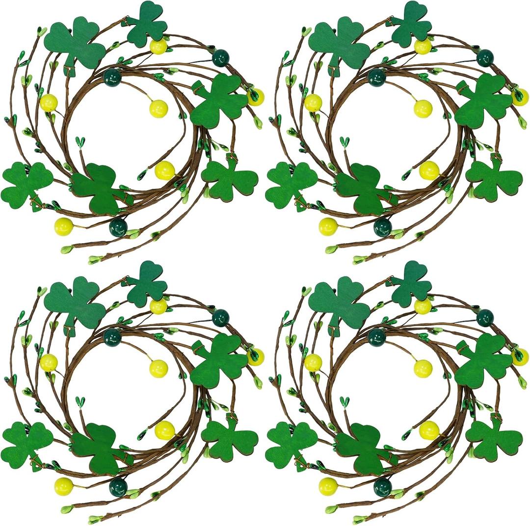 Winlyn 4 Pcs St. Patrick's Candle Ring Lucky Shamrock Candle Wreath Rings Green Clover and Berry Wreaths 9.5" for Spring Irish St. Patrick's Day Wedding Kitchen Cabinet Wall Window Front Door Decor