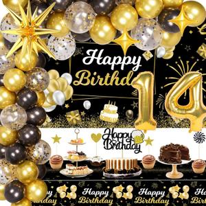14th Birthday Decorations for Boys, 14 Birthday Decorations Include Black and Gold Backdrop Banner, Tablecloth, Gold 14 Number Balloons, Explosion Star Balloons