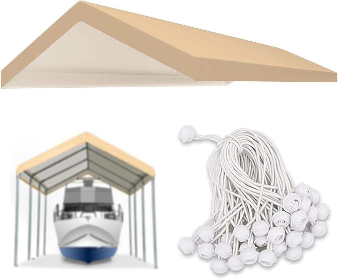 Carport Replacement Canopy Cover for Car Tent Top Garage Shelter Cover Tarp with Ball Bungees (Only Top Cover, Frame Not Include) (Beige 10 x 20)