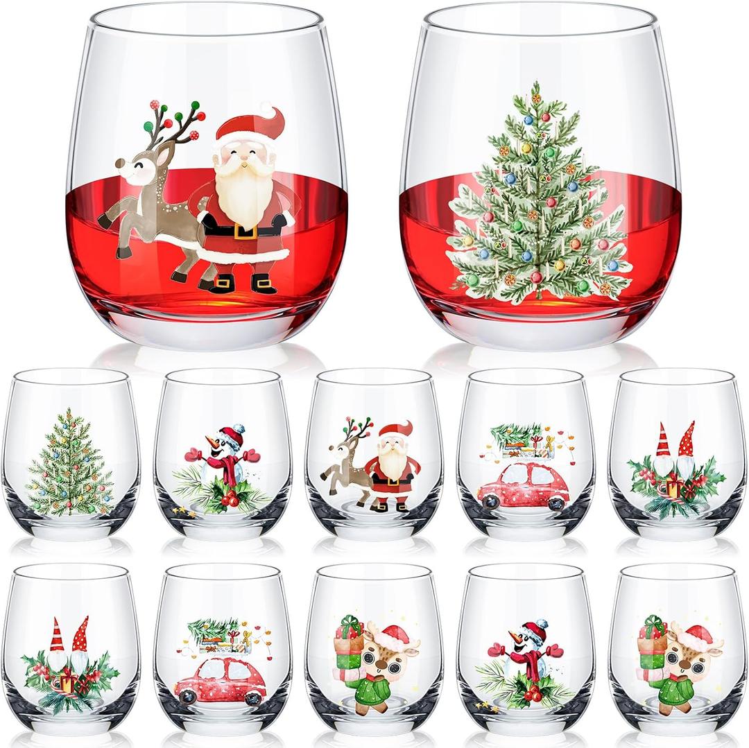 Zhehao Xmas Patterns Stemless Glass, 12 Pcs 12oz Christmas Themed Drinking Cups for Party Event, Hand Wash Only