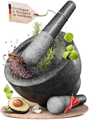 ChefSofi Extra Large 8 Inch 5 Cup-Capacity Mortar and Pestle Set - Black Polished Exterior - One Huge Mortar