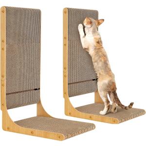 EHEYCIGA 2-Pack Cat Scratcher, 25.6 Inch L-Shaped Cardboard Scratch Pad for Indoor Cats, Vertical Cat Scratching Board with Ball Toy, Furniture Protector, Reversible Design for Double Life, Large (Brown)