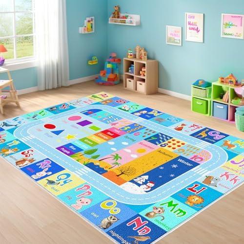 BATATADOCE Alphabet Rug for Classroom - 5x7 Feet ABC Rugs for Kids Playroom Educational Rug for Learning Alphabet,Numbers,Colors,Season and Animal Words Kids Play Mat for Classroom Bedroom ,Blue