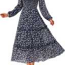 NOLLSOM Women 2023 Fall Dress Floral Boho Dress Casual Long Sleeve Crew Neck Ruffle A-Line Flowy Wedding Guest Maxi Dresses(Navy Pink Flower, Small)