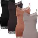 Bencailor 4 Pack Women's Long Tank Tops, Lace Camisole Neck Cami Adjustable Spaghetti Strap Undershirts for Women (Medium, Black, Brown, Caramel, Coffee)