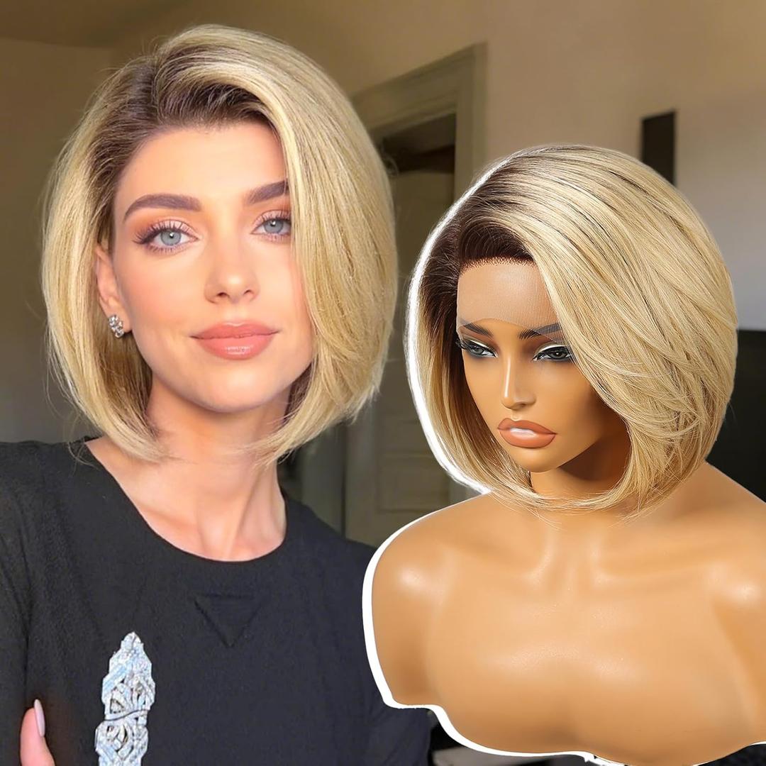 KOME Ombre Blonde Synthetic Lace Front Wig, Straight Bob Wig for White Women, Ash Blonde Short Layered Wigs, Side Part Glueless Lace Wigs for Women Daily Use 10IN (#OM6/ FS1212)