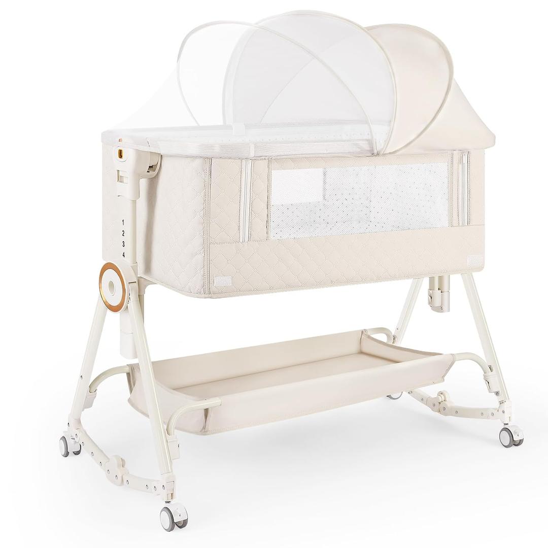 Baby Bassinet 5 in 1,Baby Bedside Bassinet with Diaper Changer, Mosquito Net, Mattress, Storage Layer, Can Be Stored in One Button Travel Crib (Beige)