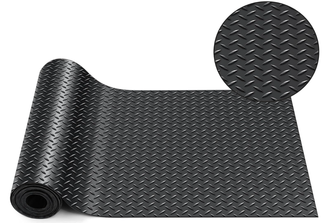 12 in x 10 ft Rubber Diamond Plate Rolls Mats, Heavy Duty Flooring Rug for Trailers Garage, PVC Water/Stain Outside Stall Resistant Parking Rv Tool(Black)