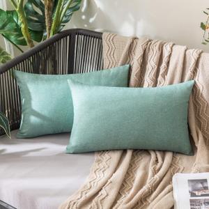 MIULEE Pack of 2 Decorative Outdoor Solid Waterproof Throw Pillow Covers Faux Linen Garden Farmhouse Cushion Cases for Summer Patio Tent Balcony Couch Sofa 20x12 Inch Teal
