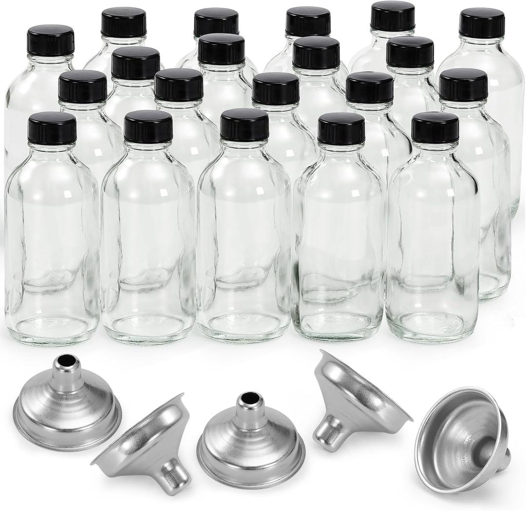 8 Pack, 4 oz Small Clear Glass Bottles w/Lids & 3 Stainless Steel Funnel  120ml Boston Round Sample Bottle for Potion, Juice, Ginger Shot, Wellness, Oils, Whiskey, Liquids  Leakproof Travel Bottle