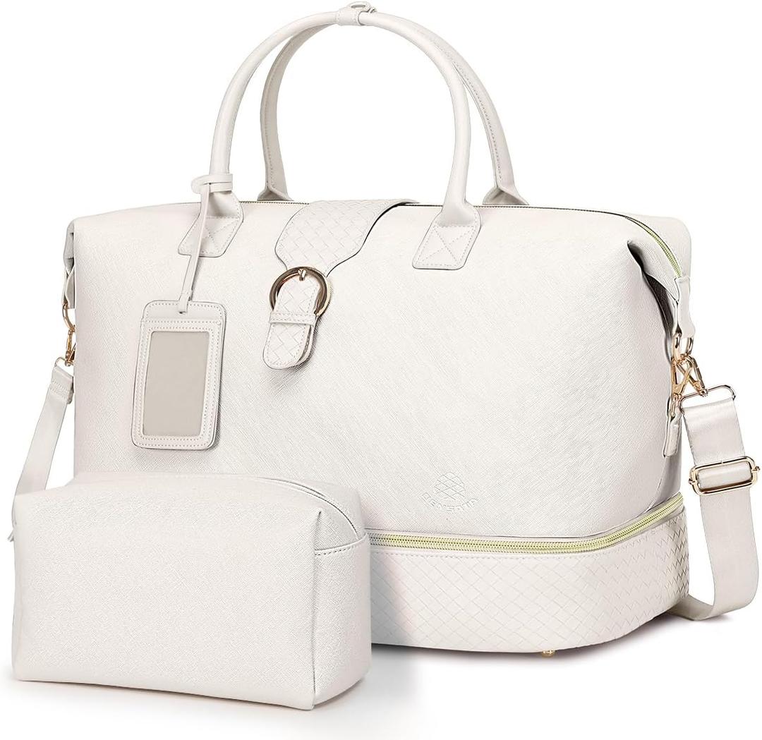 Leather Weekender Bags for Women, Travel Duffel Bag PU Overnight Bag Carry On Tote Bag with Shoe Compartment Wet Pocket (Large, Beige)