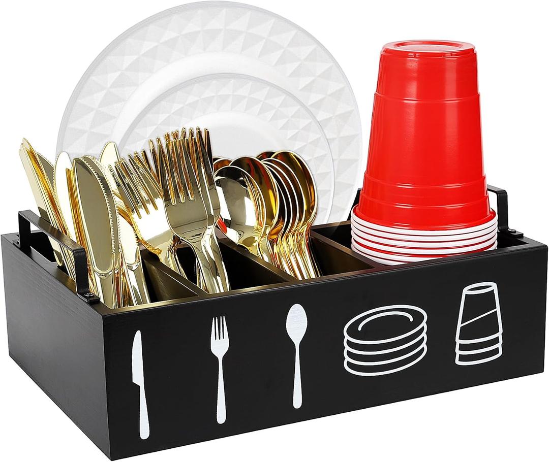 5-Tier Paper Plate Holder & Utensil Organizer for Kitchen - Wooden Storage Rack for Party, Picnic, BBQ | Under Cabinet Space Saving Design with 5 Compartments for Plates, Napkins, Cutlery (Black)