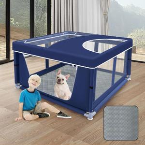 XVISHX 42x42 Inches Puppy Playpen with Cover&Dog Pads, Dog Playpen for Puppies or Small Dogs, Pet Playpen for Indoor & Outdoor, Sturdy Safety Dog Pen with Thickened Fabric (Blue)