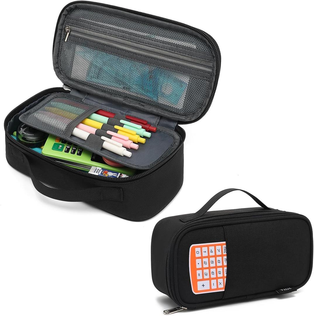XQXA Large Capacity Pencil Case Multi-Slot Pencil Pouch Durable Pencil Box Portable Makeup Bag with Handle for Office (BLACK)