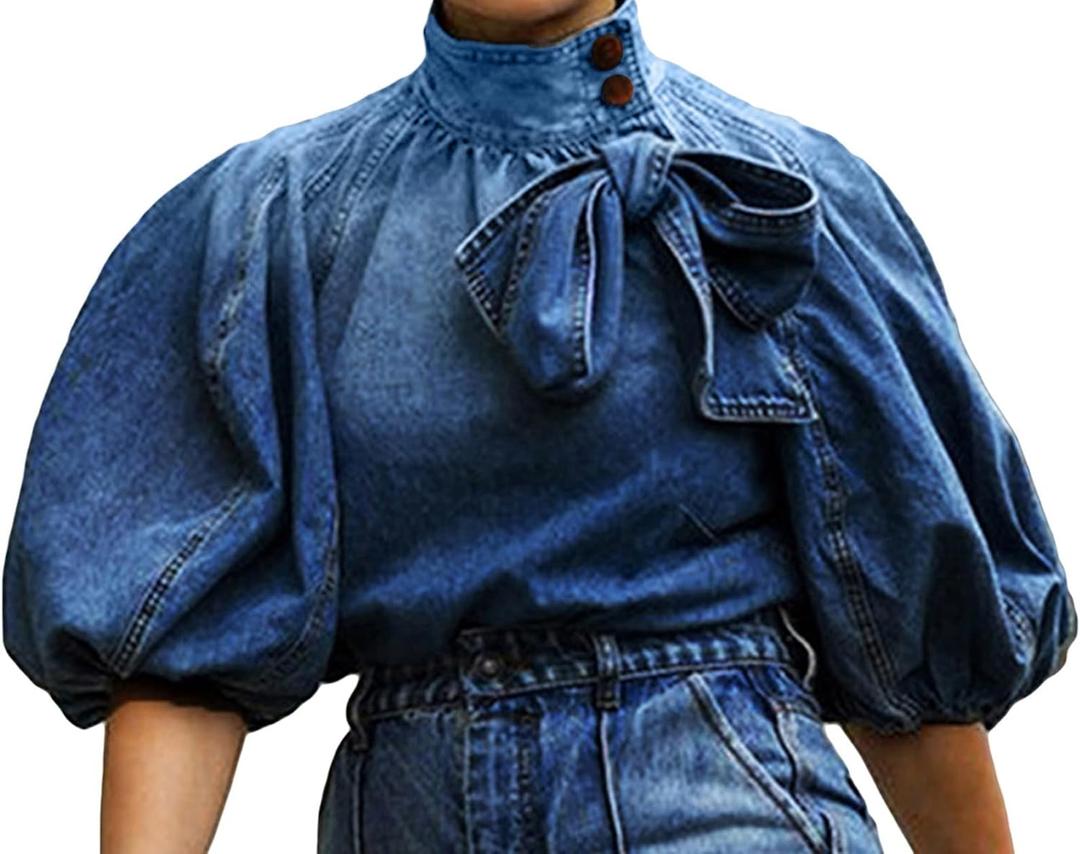 Tbahhir Women's Denim Blouse Blue Bow Tie Jean Shirt Puff Sleeves Mock Neck Cropped Top Casual XL