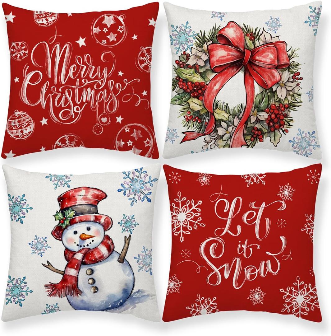 Snowman Wreath Snowflake Christmas Throw Pillow Covers 18 x 18 Inch Christmas Balls Xmas Winter Holiday Cushion Case Decoration for Sofa Couch Set of 4