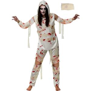 Mepase 4 Pcs Halloween Mummy Costume Zombie Costume for Men Women, Include Top Pants Sleeves Bandage Mummy Wrap Cosplay (XL, White)