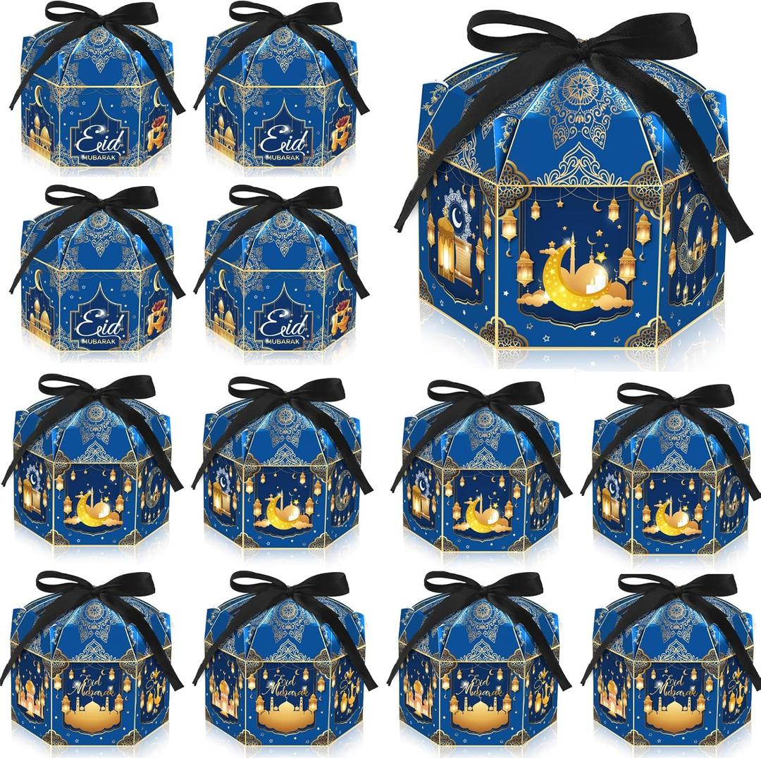 Jremreo 12 Pack Ramadan Eid Mubarak Treat Boxes - Gold Lantern and Moon Design, Hexagonal Paper Boxes with Ribbons, Muslim Holiday Party Candy Containers for Eid Al-fitr