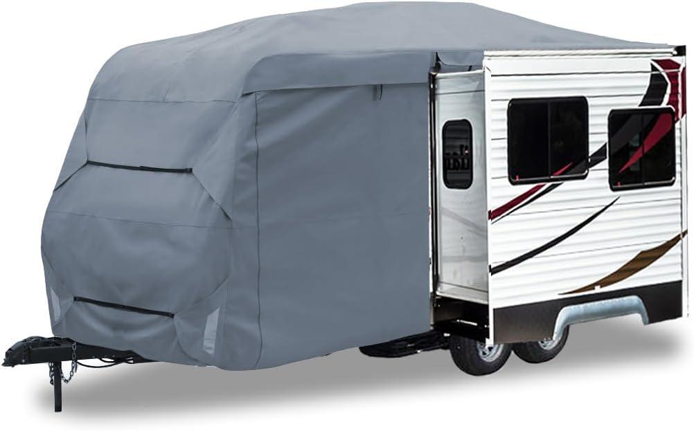 GEARFLAG Travel Trailer Cover fits 22-24FT RV with Dual Slide-Out Zippered Opening Reinforced Windproof Straps Water Resistant Reflective Safety Strips Heavy Duty Fabric Ideal for Snow Dust Condition