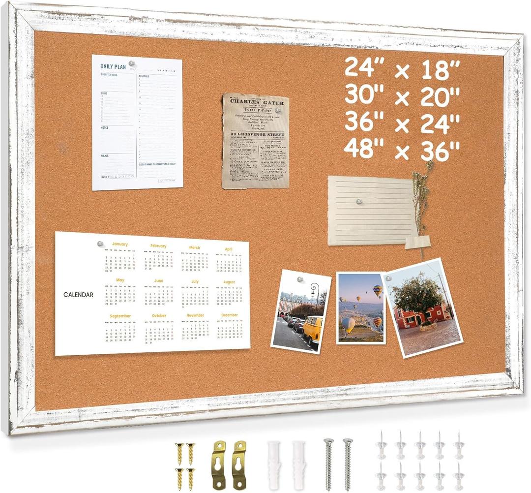 DOLLAR BOSS White Cork Board for Wall - 36 X 24 Inches, Rustic Wooden Frame Bulletin Board, Decorative Hanging Pin Board for Office & Home Decor