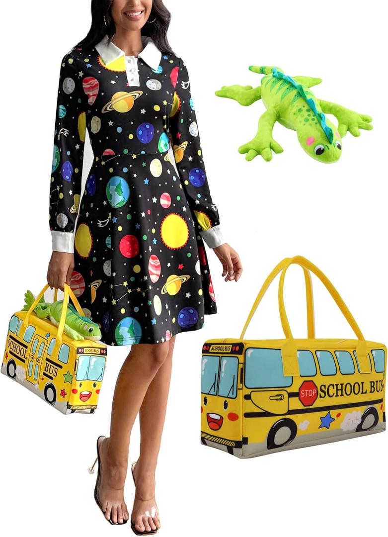 Womens Long Sleeves Peter Pan Collar Aline Fit and Flare Dress (Small, Black Planet Yellow Bus)