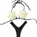 Verdusa Women's 2 Piece 3D Floral Halter Bikini Sets String High Cut Thong Bathing Suits (Black, XS)