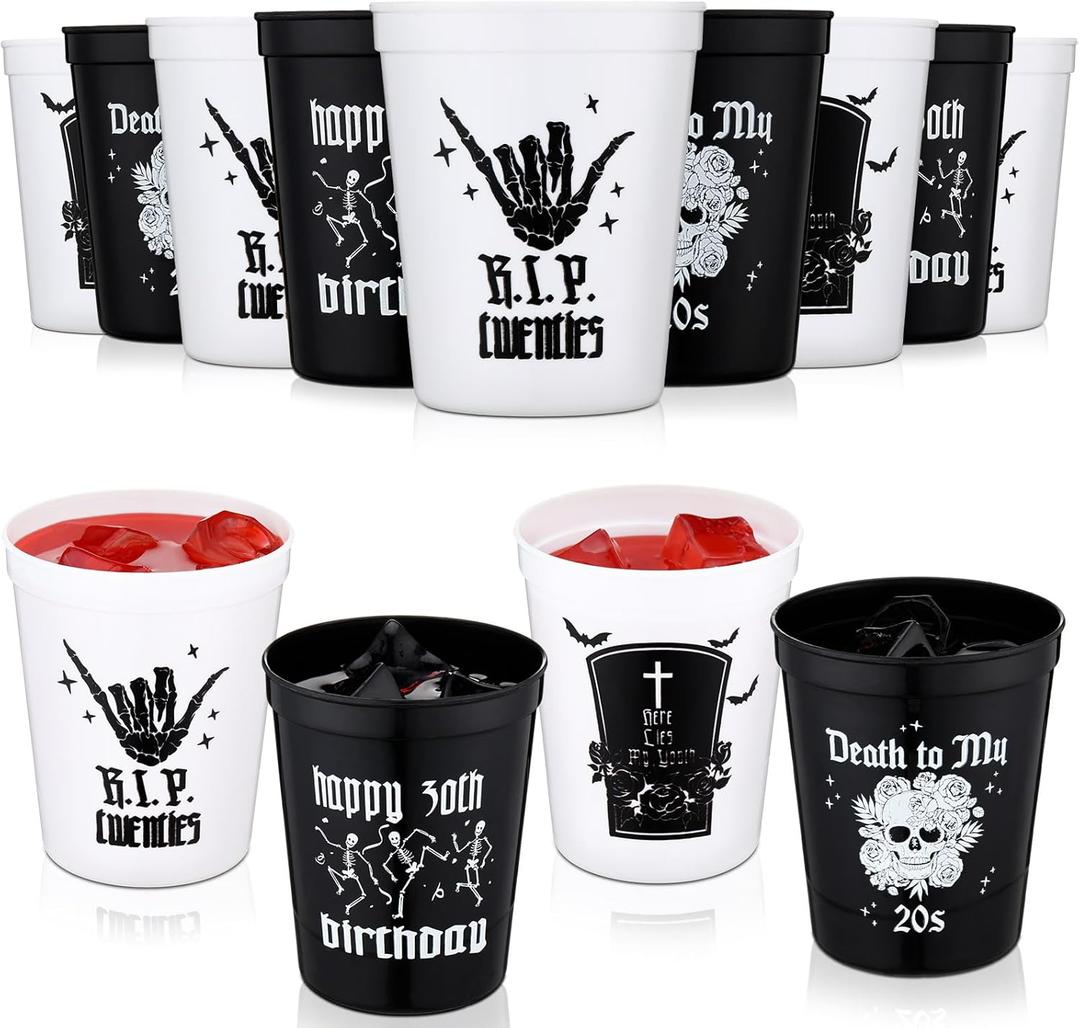 Layhit Gothic 12 Pcs 16 oz Reusable Thick Cup Halloween 30th Birthday Stadium Cups for Party Supplies Decorations