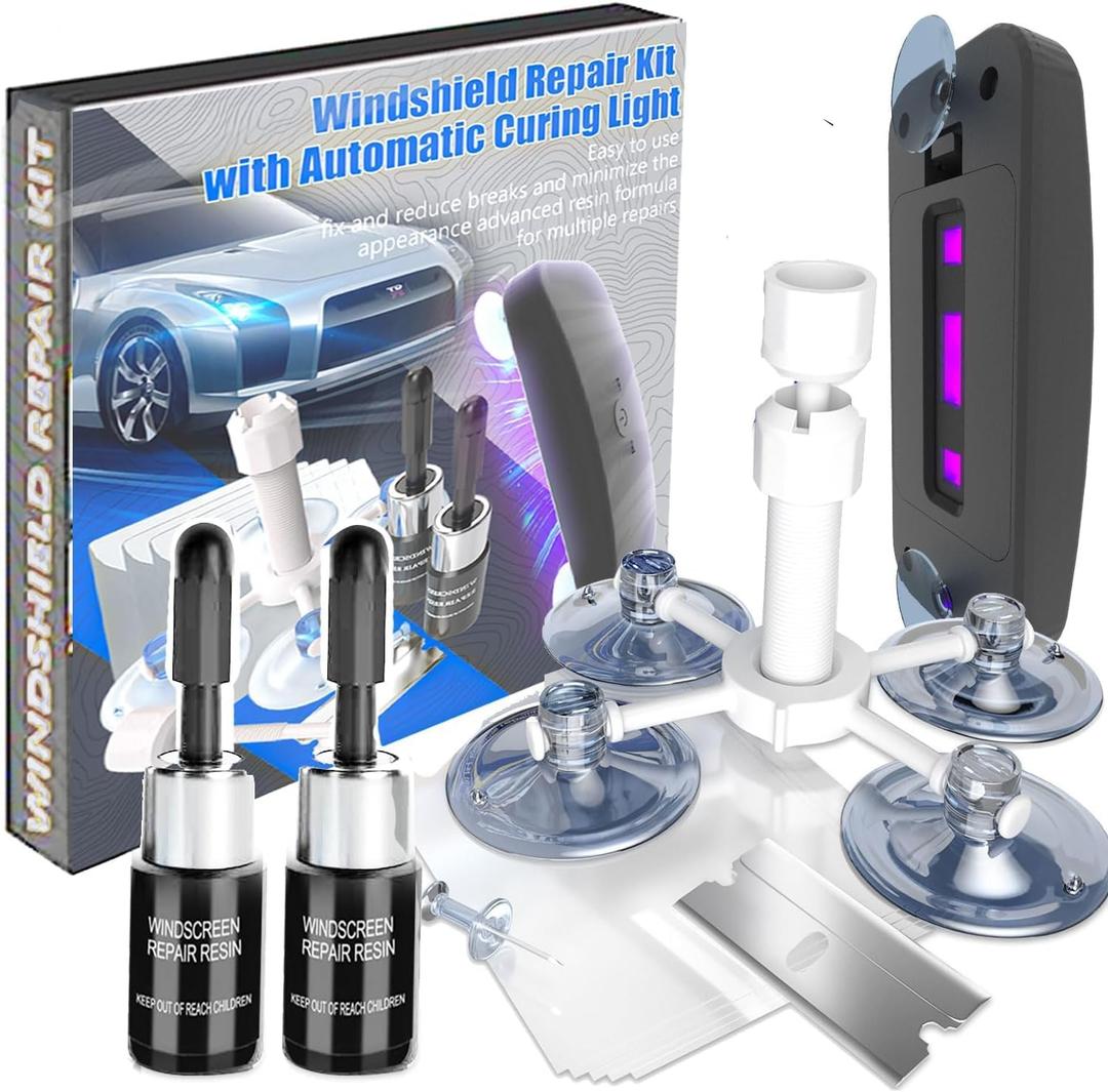 Windshield Repair Kit, 2 PCS Windshield Crack Repair Kit with Suction Cup Curing Light, Automotive Nano Fluid Vehicle Windscreen Tool, Glass Repair Kit for Chips and Cracks (Azure)