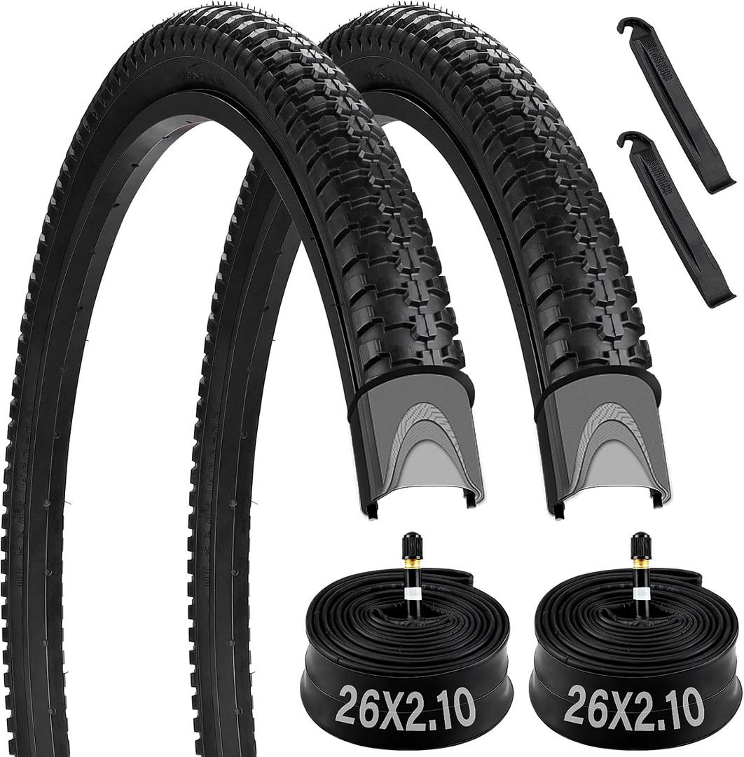 26" Bike Tire, 2 Pack 26x2.10 Mountain Bike Tires with Schrader Valve, 26x2.10 Bike Tire and Tube with 2 Tire Levers, Folding Off Road Bike Tire for 26 x 1.95/2.0/2.1/2.125 Bicycle Tires and Tubes