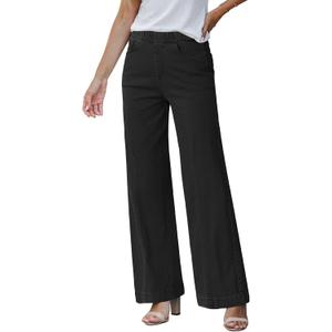 GRAPENT Pull On Womens Jeans Baggy Stretchy High Waisted Denim Wide Leg Trouser Pants Trendy Front Seam 90s Loose Jean (Medium, True Black)