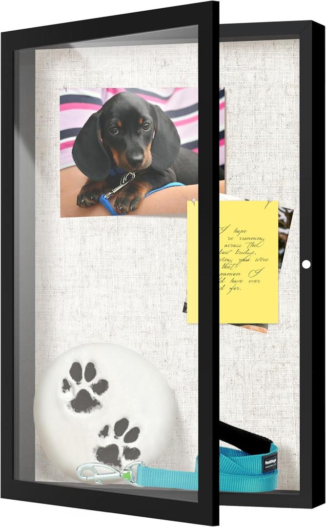 FrameWorks 12x18 Deep Shadow Box Frame, Wooden Display Case w. Linen Board & Tempered Glass Door - Matte Black - Large - Wall Mounted