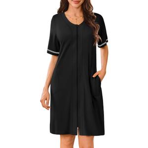 Ekouaer Women Zipper Robes Short Sleeves Housecoat Lightweight Bathrobes Zip Up Robe Casual Nightgown with Pockets S-2XL (Large, Black)