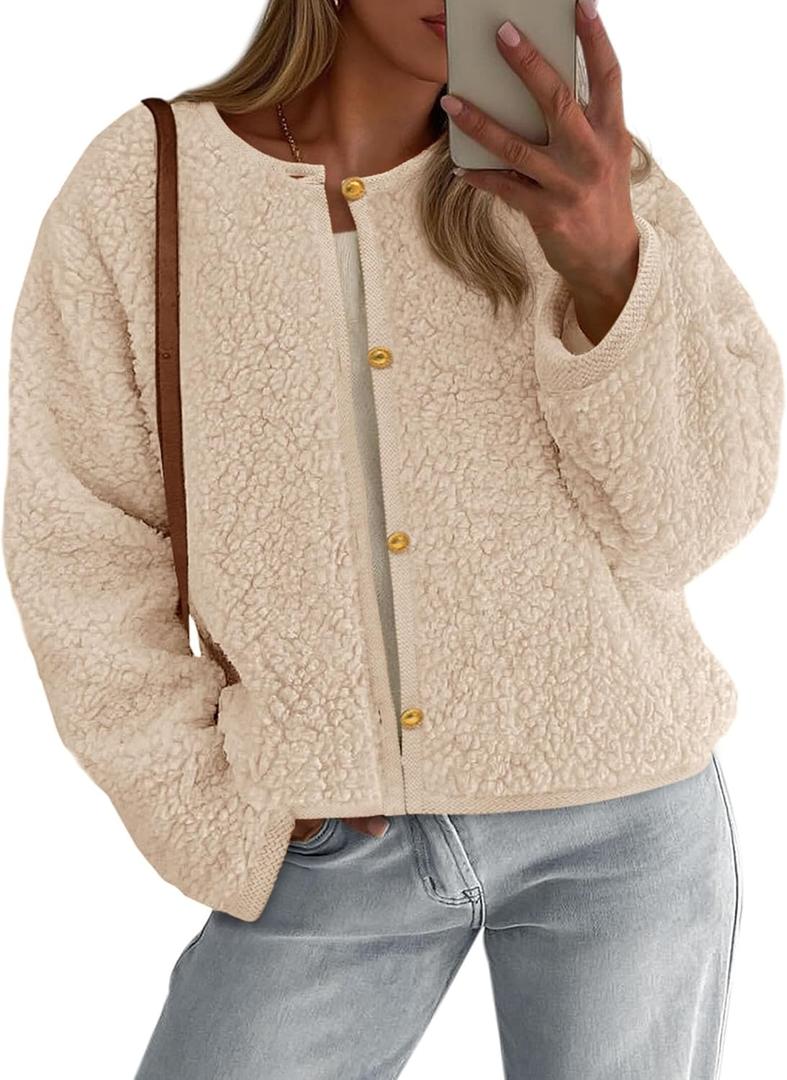 PRETTYGARDEN Women's 2025 Fall Fashion Clothes Trendy Fleece Sherpa Cropped Jackets Buttons Warm Casual Winter Faux Fur Coats (Beige, S)