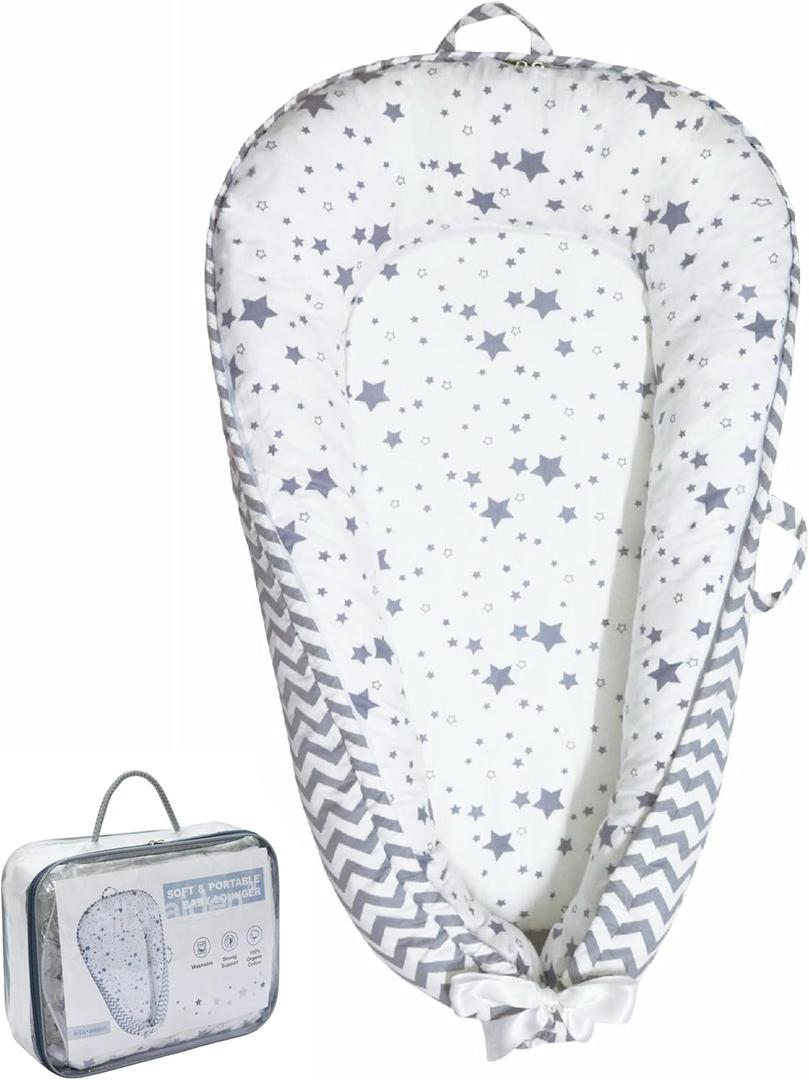 Baby Lounger | Organic Cotton Infant Lounger | Reversible, Adjustable & Portable Floor Lounger |Supervised Use | Soft, Breathable, Washable Cover - Star Collection (Gray) (Grey), 35 x 20 x 4 inches