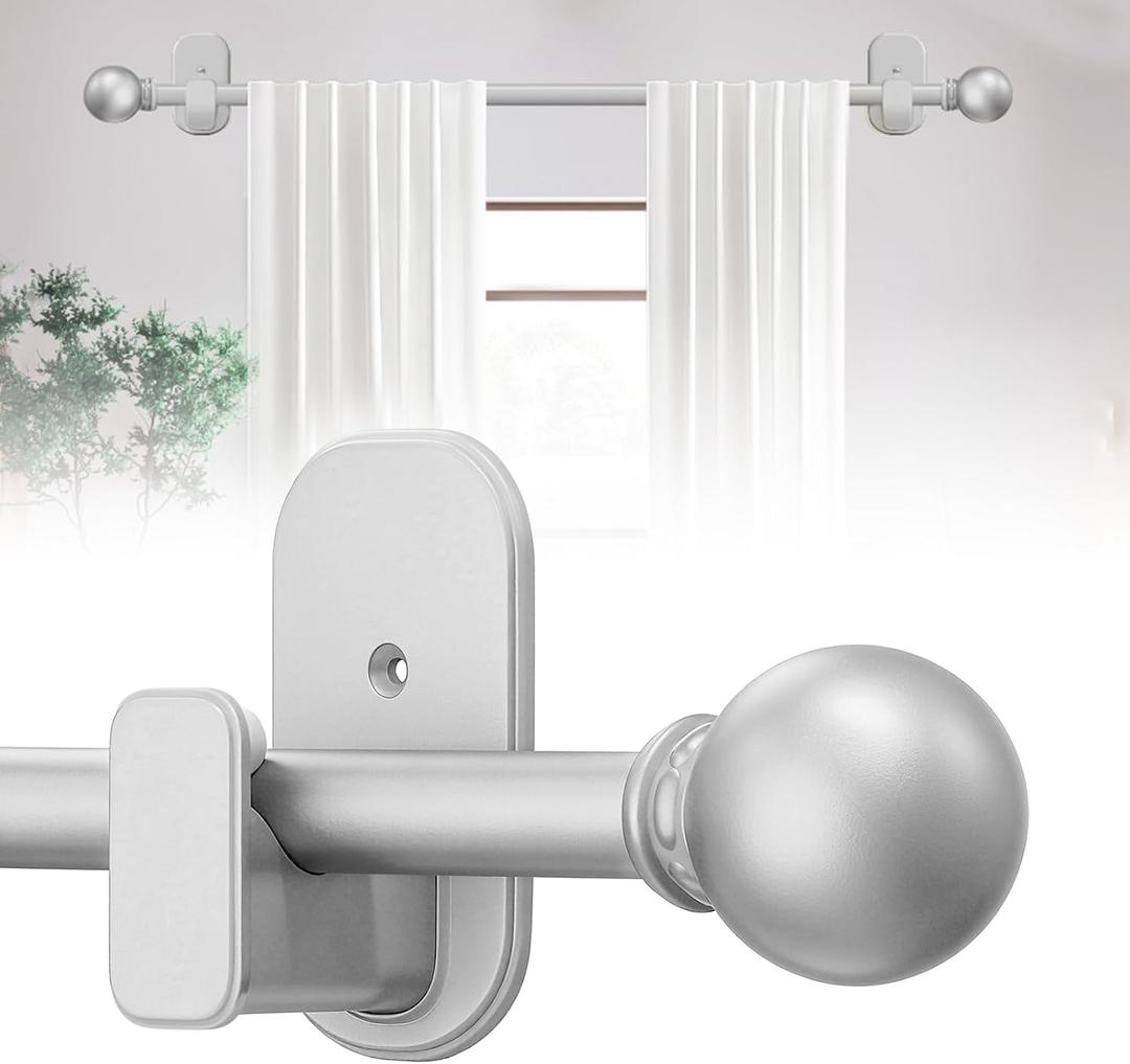 TKZTKZ Curtain Rods No Drilling for Windows 18 to 28 Inch:No Drill Small Silver Curtain Rod with Adhesive Brackets for Bedroom,5/8" Apartment Renter Friendly Adjustable Drapery Rods Easy Install