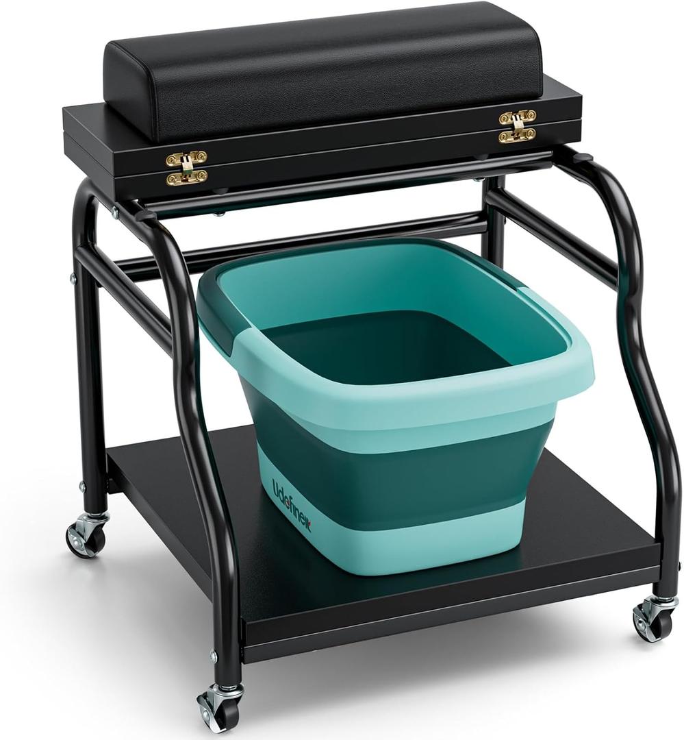 Udefineit Foot Bath Trolley, Beauty Salon Nail Foot Spa Esthetician Trolley Cart, Portable Pedicure Cart for Footrest Manicure Massage Station with Comfortable Cushion Footrest Stool for Spa Home Use