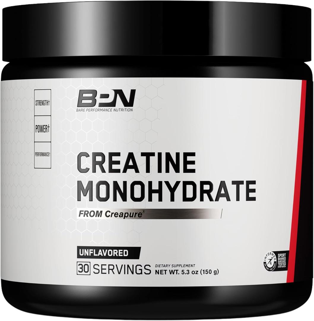 BARE PERFORMANCE NUTRITION, BPN Pure Creatine Monohydrate Powder By Creapure, 5g of Creatine per Serving, Supports Muscle Growth, Unflavored Creatine Powder, 30 Servings (EXP 11/2027)