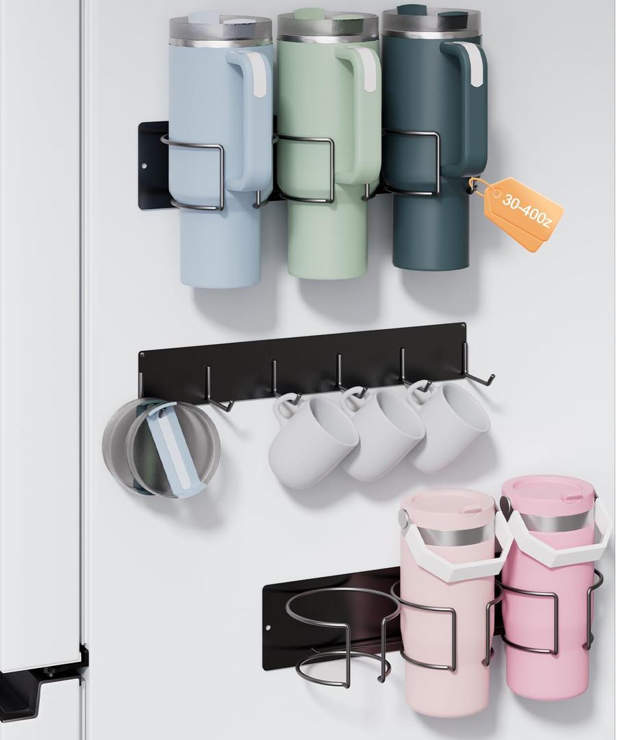 Magnetic Stanley Cup Holder with 6 Hook Rack, Tumbler Organizer for Fridge, Water Bottle Organizer for Stanley 30&40 oz, Stanley Cup Accessories for Kitchen Cabinet, 3 Pack Black